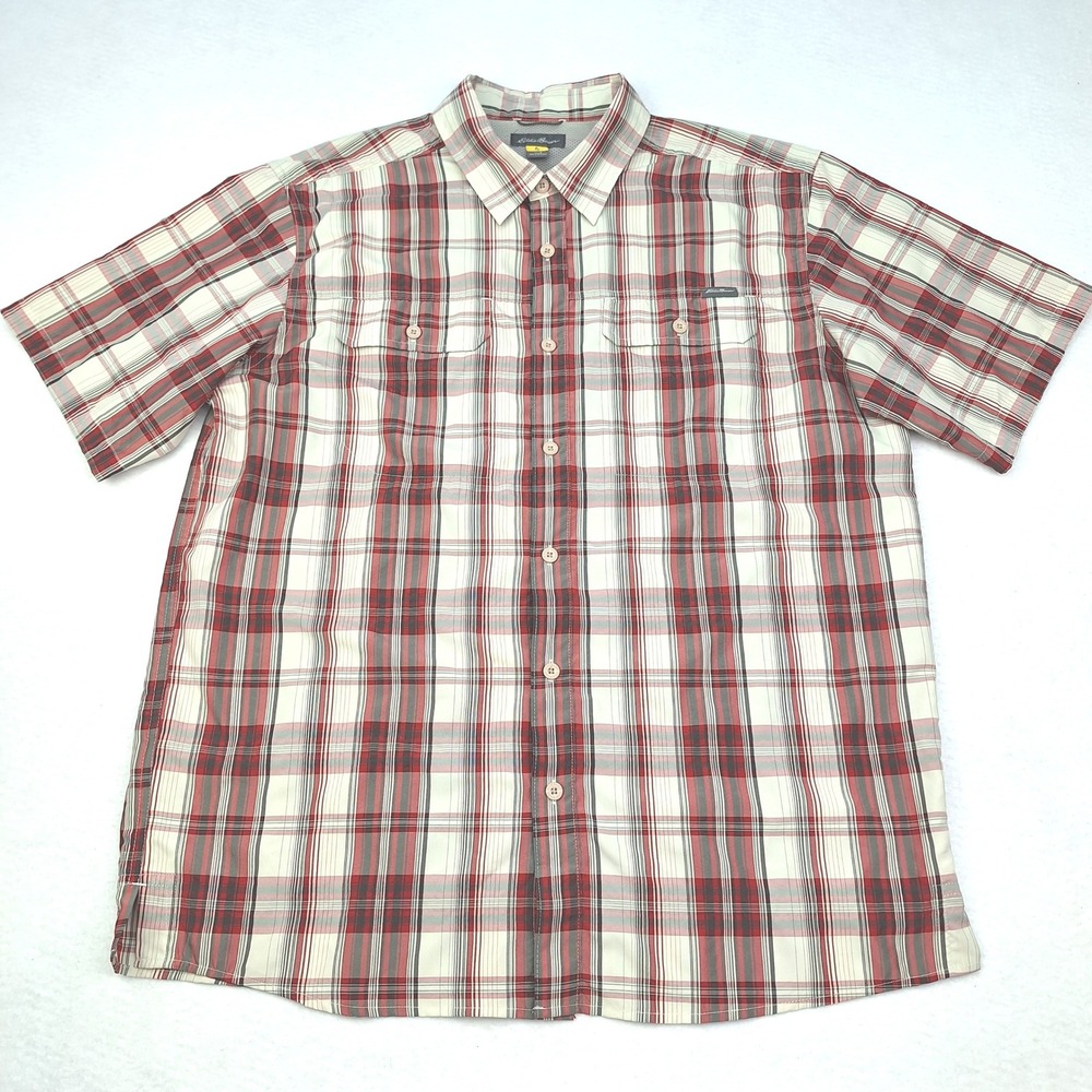Eddie‎ Bauer Shirt Mens Large Red Plaid Button Up Short Sleeve Vented Outdoor